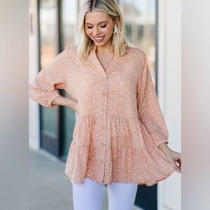 Entro Boho Gypsy Tier Ruffle Spotted Tunic Top Pink Salmon Women’s Size Medium